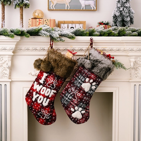 Calza di Natale per Animali Domestici a Quadretti Con Polsino in Pelliccia Sintetica Applicazione Impronta Scritta I Woof You