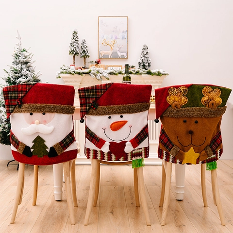 Christmas Chair Covers Santa Claus Snowman Reindeer Cartoon Pattern Polyester Festive Home Party Decoration Chair Back Protectors