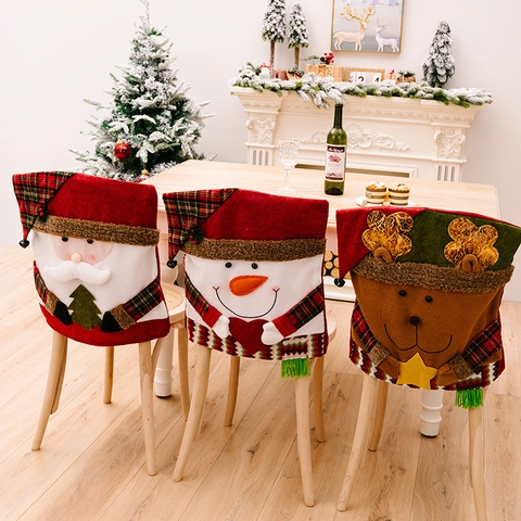 Christmas Chair Covers Santa Claus Snowman Reindeer Cartoon Pattern Polyester Festive Home Party Decoration Chair Back Protectors