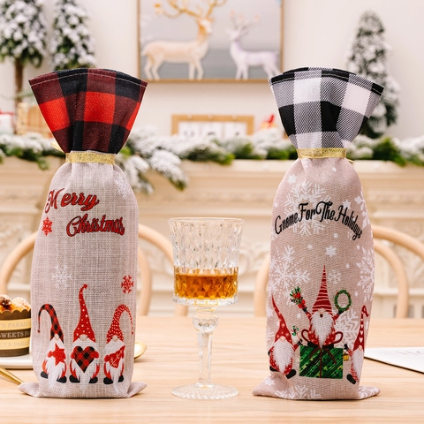 Christmas Wine Bottle Cover Gnome Plaid Linen Burlap Drawstring Bag Holiday Festive Party Home Dining Table Decor Gift Wrap