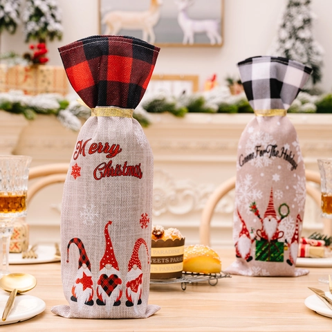 Christmas Wine Bottle Cover Gnome Plaid Linen Burlap Drawstring Bag Holiday Festive Party Home Dining Table Decor Gift Wrap