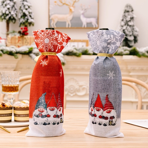 Kerstkabouter Wijnfleshoes Sneeuwvlok Patroon Stof Wijnfles Tas Feestelijke Tafeldecoratie Kerst Cadeauverpakking