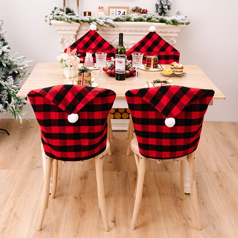 Christmas Buffalo Plaid Chair Cover With White Pom Pom Red Black Checkered Christmas Hat Shaped Chair Back Cover Home Decor