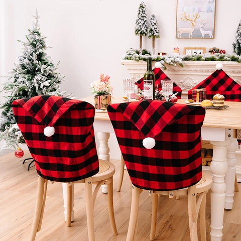 Christmas Buffalo Plaid Chair Cover With White Pom Pom Red Black Checkered Christmas Hat Shaped Chair Back Cover Home Decor