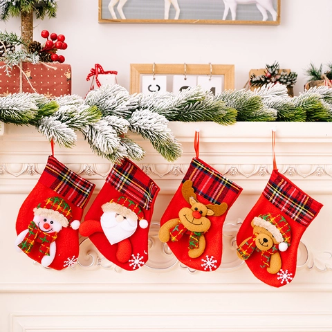 Christmas Decoration Stocking Lattice Edge Plaid Santa Reindeer Bear 3D Plush Hanging Ornament Xmas Tree Decor Gift Bag
