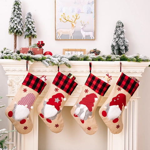 Burlap Christmas Stockings With Red Black Buffalo Plaid Cuff 3D Gnome Applique Christmas Ornament For Fireplace Holiday Decor