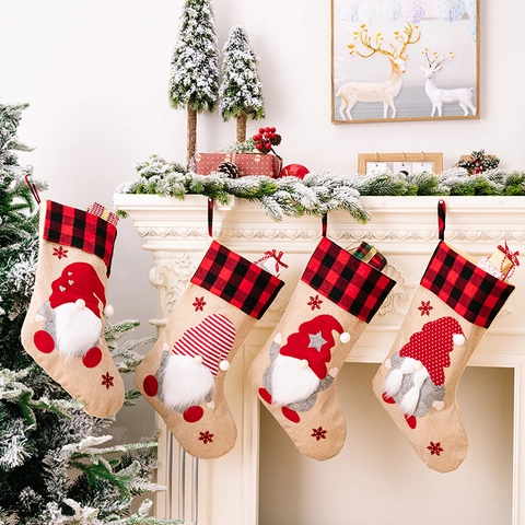 Burlap Christmas Stockings With Red Black Buffalo Plaid Cuff 3D Gnome Applique Christmas Ornament For Fireplace Holiday Decor