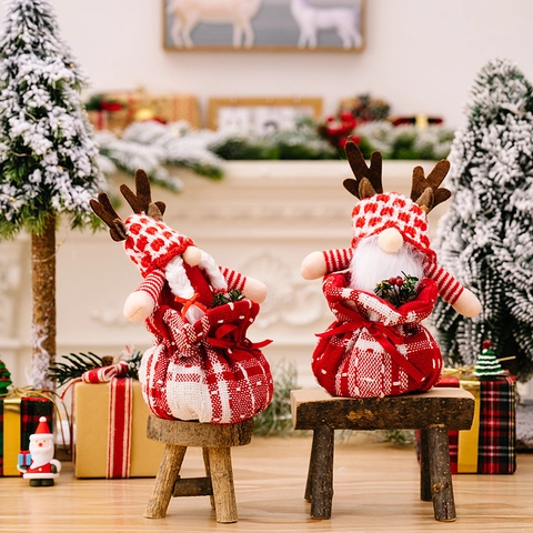 Gnomo di Peluche con Corna di Renna di Natale Borsa Regalo a Quadri Rossi e Bianchi Tomte Scandinavo Decorazione Desktop