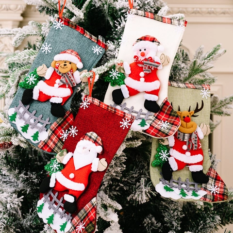 Großer Weihnachtsstrumpf Leinenimitat Applikation Weihnachtsmann Schneemann Elch Bär Aufhängbare Geschenktüte Kamin Weihnachtsbaum Deko