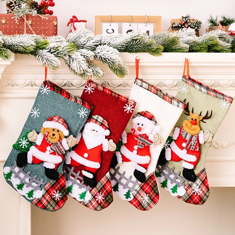Großer Weihnachtsstrumpf Leinenimitat Applikation Weihnachtsmann Schneemann Elch Bär Aufhängbare Geschenktüte Kamin Weihnachtsbaum Deko