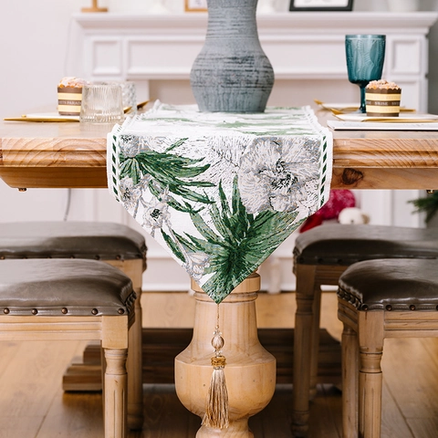 Nordic Botanical Palm Leaf Table Runner With Tassel Cotton Linen Blend Floral Ink Wash Pattern For Dining Table Party Decor