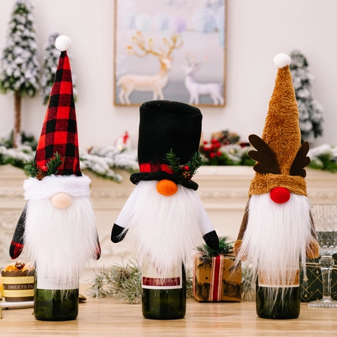 Christmas Gnome Wine Bottle Cover Santa Reindeer Plaid Fabric Festive Decoration For Holiday Party Dining Table Home Decor