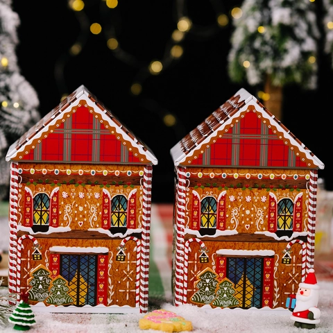 Christmas Gingerbread House Shaped Tinplate Box Plaid Edge Cartoon Print Metal Gift Box For Candy Cookie Storage