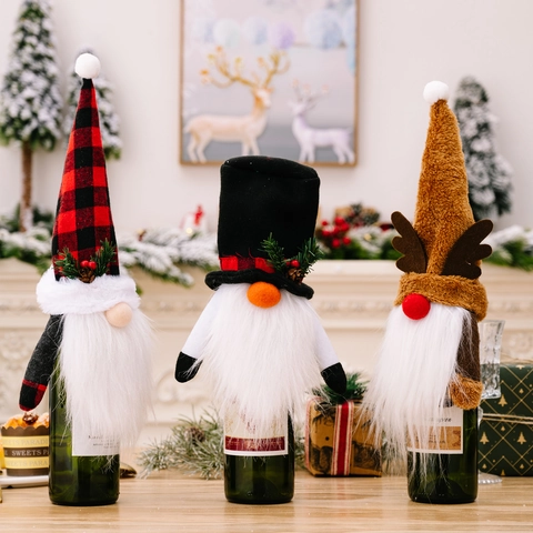 Christmas Gnome Wine Bottle Cover Santa Reindeer Plaid Fabric Festive Decoration For Holiday Party Dining Table Home Decor