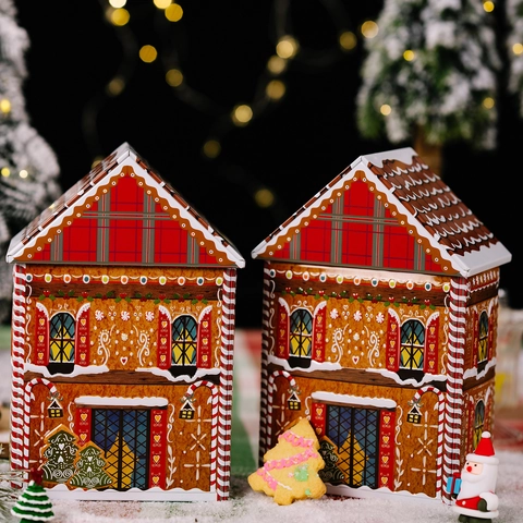 Christmas Gingerbread House Shaped Tinplate Box Plaid Edge Cartoon Print Metal Gift Box For Candy Cookie Storage