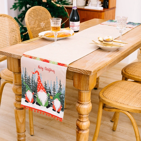 Weihnachtszwerge Tischläufer Aus Jute Rustikale Leinenoptik Waldmotive Pom Pom Verzierung Für Esstisch Feiertagsparty