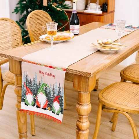 Weihnachtszwerge Tischläufer Aus Jute Rustikale Leinenoptik Waldmotive Pom Pom Verzierung Für Esstisch Feiertagsparty