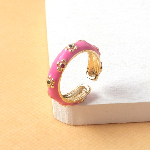 Anello di Rame Regolabile con Fiore di Smalto di Lusso per Donna Colorati Strass Intarsiato Anello Aperto Elegante Gioielli Boutique