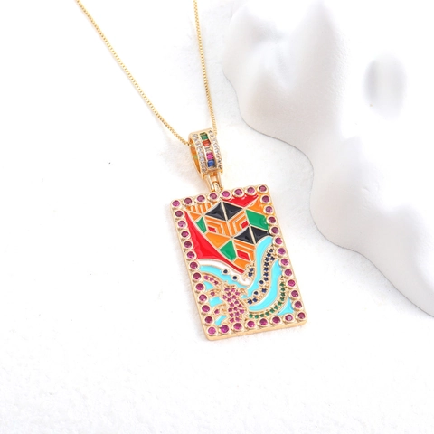 Western Style Gold Plated Copper Tarot Card Pendant Necklace For Women Colorful Enamel Zirconia Inlaid Geometric Jewelry