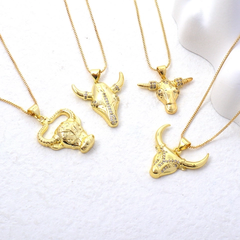 Vintage Copper Gold Plated Bull Head Pendant Necklace Hip Hop Personalized Zirconia Animal Skull Necklaces For Men Women