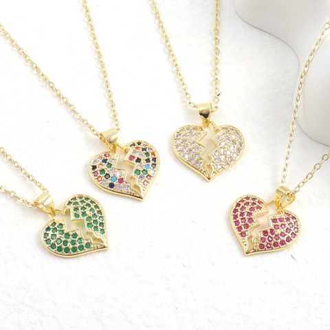 Creative Broken Heart Zirconia Pendant Necklace For Women Real Gold Plated Copper Heart Shaped Colorful Stone Jewelry