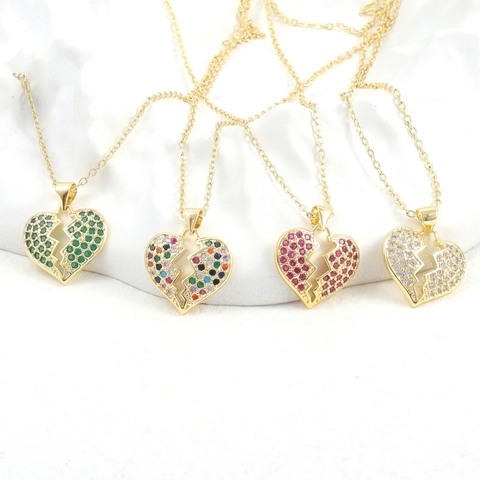 Creative Broken Heart Zirconia Pendant Necklace For Women Real Gold Plated Copper Heart Shaped Colorful Stone Jewelry