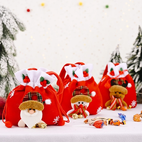 Sacchetto Regalo di Natale in Velluto Con Coulisse e Manico Campanelli d'Oro 3D Babbo Natale Pupazzo di Neve Renna Borsa Arredamento