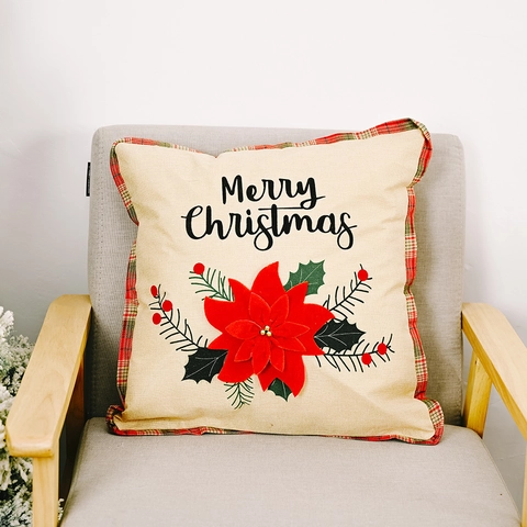 Weihnachten Deko Kissenbezug Leinen Karomuster Kante Weihnachtsstern Muster Merry Christmas Kissenhülle Für Wohnzimmer Heimdeko