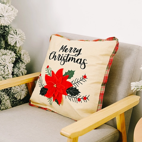 Weihnachten Deko Kissenbezug Leinen Karomuster Kante Weihnachtsstern Muster Merry Christmas Kissenhülle Für Wohnzimmer Heimdeko