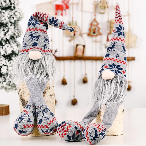 Long Legged Christmas Gnome Plush Decoration Knitted Grey Forest Tomte Doll Reindeer Snowflake Pattern For Festive Home Decor