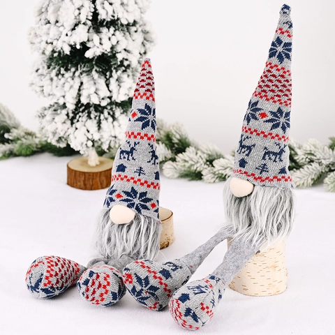 Long Legged Christmas Gnome Plush Decoration Knitted Grey Forest Tomte Doll Reindeer Snowflake Pattern For Festive Home Decor