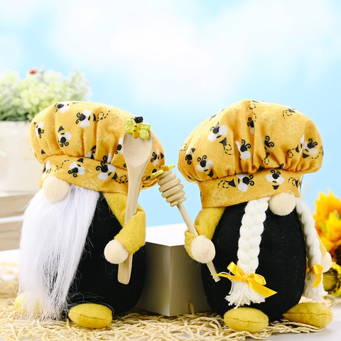 Gnome Thème Abeille en Peluche Toque de Chef Poupée Rudolph Décoration Table Scandinave pour Maison Cuisine Cadeau Printemps Jaune Noir