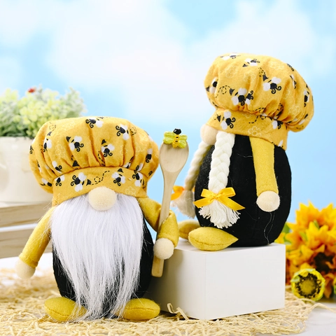 Gnome Thème Abeille en Peluche Toque de Chef Poupée Rudolph Décoration Table Scandinave pour Maison Cuisine Cadeau Printemps Jaune Noir