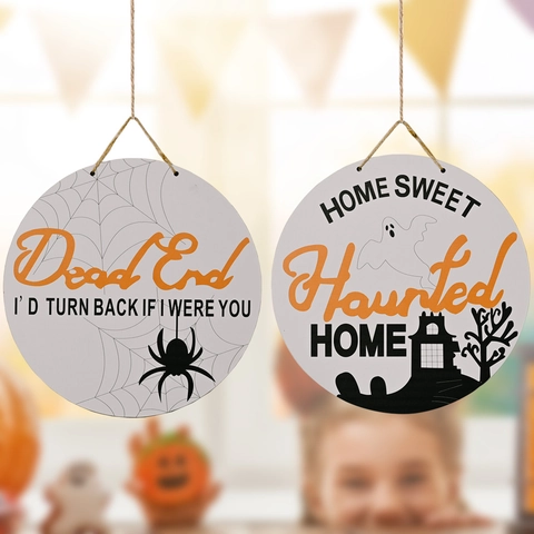 Targa da Porta Rotonda in Legno per Halloween Home Sweet Haunted Home Dead End Fantasma Ragnatela Decorazione Festa