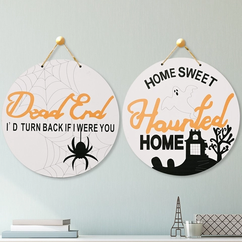 Targa da Porta Rotonda in Legno per Halloween Home Sweet Haunted Home Dead End Fantasma Ragnatela Decorazione Festa