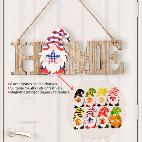 Insegna Home in Legno con Gnomi Stagionali Intercambiabili Decorazione Magnetica per Porta da Parete Portico Rustico
