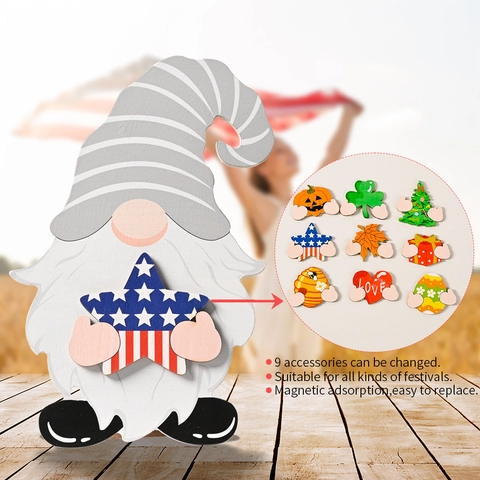 Interchangeable Wooden Gnome Desktop Ornament With Magnetic Holiday Accessories For Christmas Halloween Valentine Decor