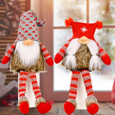 Poupée en Peluche Gnome de Noël Jambes Longues Figurines de Rudolph Sans Visage Bonnet en Tricot Motif Flocon de Neige Cœur Décoration de Table pour Maison