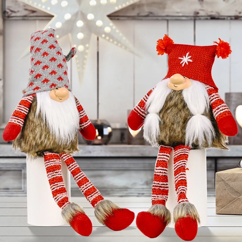 Poupée en Peluche Gnome de Noël Jambes Longues Figurines de Rudolph Sans Visage Bonnet en Tricot Motif Flocon de Neige Cœur Décoration de Table pour Maison