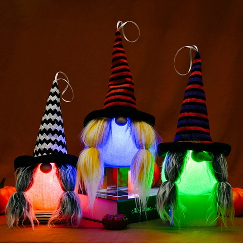 Addobbi di Halloween Gnomo Luminoso Con Trecce Rudolf Bambola Senza Volto Decorazione Sospesa Cappello da Strega Led Elfo per Festa