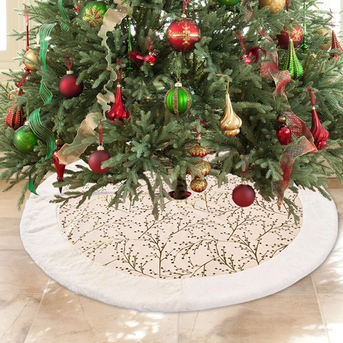 Gold Foil Branch Christmas Tree Skirt And Stocking Cream Fabric Plush Border Holiday Home Party Decor Ornaments