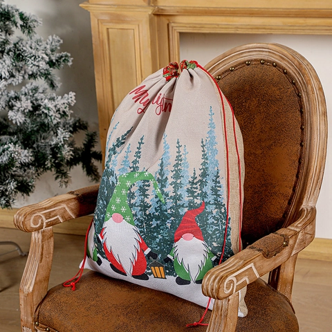 Großer Weihnachtsgeschenkbeutel Leinenimitat Kordelzug Sack Mit Wichteldruck Nordisch Wiederverwendbarer Nikolaussack Geschenkbeutel