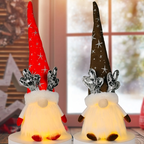 Gnomo de Navidad de Peluche Con Luces LED Astas Estrellas Sombrero Rodolfo Figura Para Hogar Vacaciones Fiesta Decoración Regalo Festivo