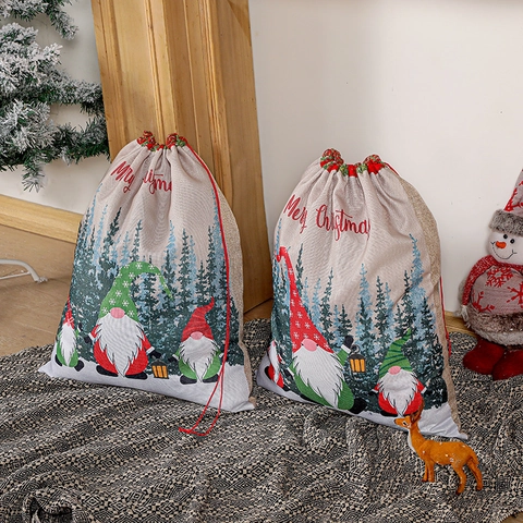Großer Weihnachtsgeschenkbeutel Leinenimitat Kordelzug Sack Mit Wichteldruck Nordisch Wiederverwendbarer Nikolaussack Geschenkbeutel