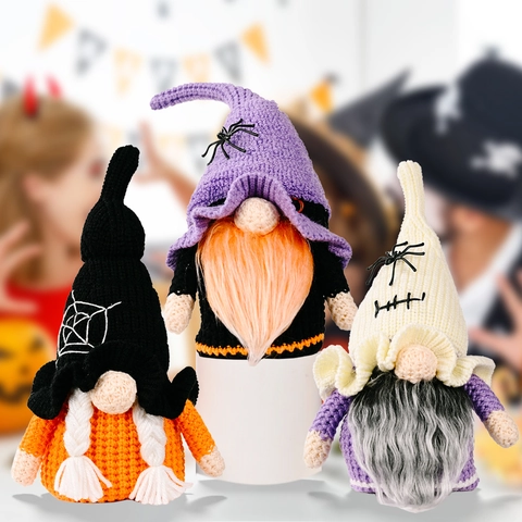 Halloween Gnomo di Maglia Bambola Ornamenti Con Design a Ragnatela Viola Bianco Nero Cappello da Strega Rudolf Nano Senza Volto Casa