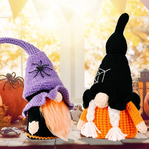 Halloween Gnomo di Maglia Bambola Ornamenti Con Design a Ragnatela Viola Bianco Nero Cappello da Strega Rudolf Nano Senza Volto Casa