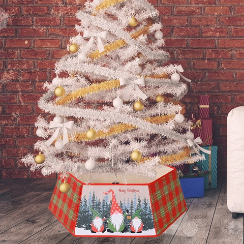 Klassischer Karierter Weihnachtsbaum-Kragen Sechseckig Faltbar Stoff Baumkrone Mit Wichtel Muster Christbaumständer Dekoration
