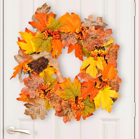 Autumn Harvest Festival Maple Leaf Wreath With Red Berries Lotus Pod Burlap Bow Rattan Door Hanging Decoration For Thanksgiving Home Wall