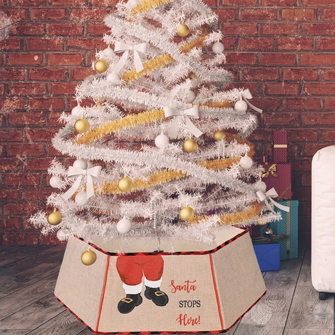Collare per Albero di Natale in Juta con Babbo Natale e Bordo a Quadri Pieghevole Decorazione Natalizia per Base Albero