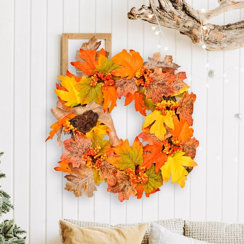 Autumn Harvest Festival Maple Leaf Wreath With Red Berries Lotus Pod Burlap Bow Rattan Door Hanging Decoration For Thanksgiving Home Wall